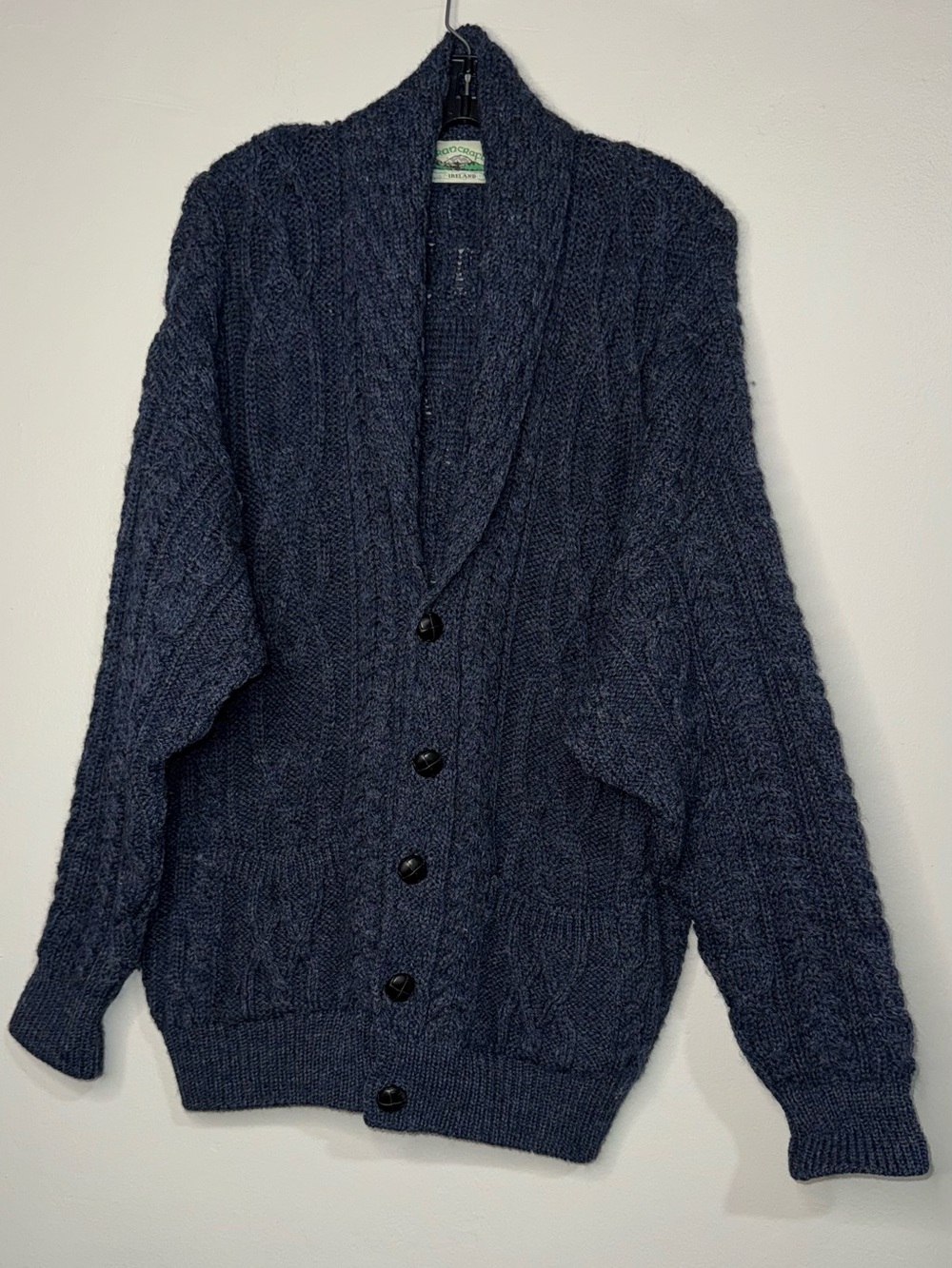 Aran Crafts 100% Wool Men's Shawl Collar Cable Cardigan - Navy Button Down